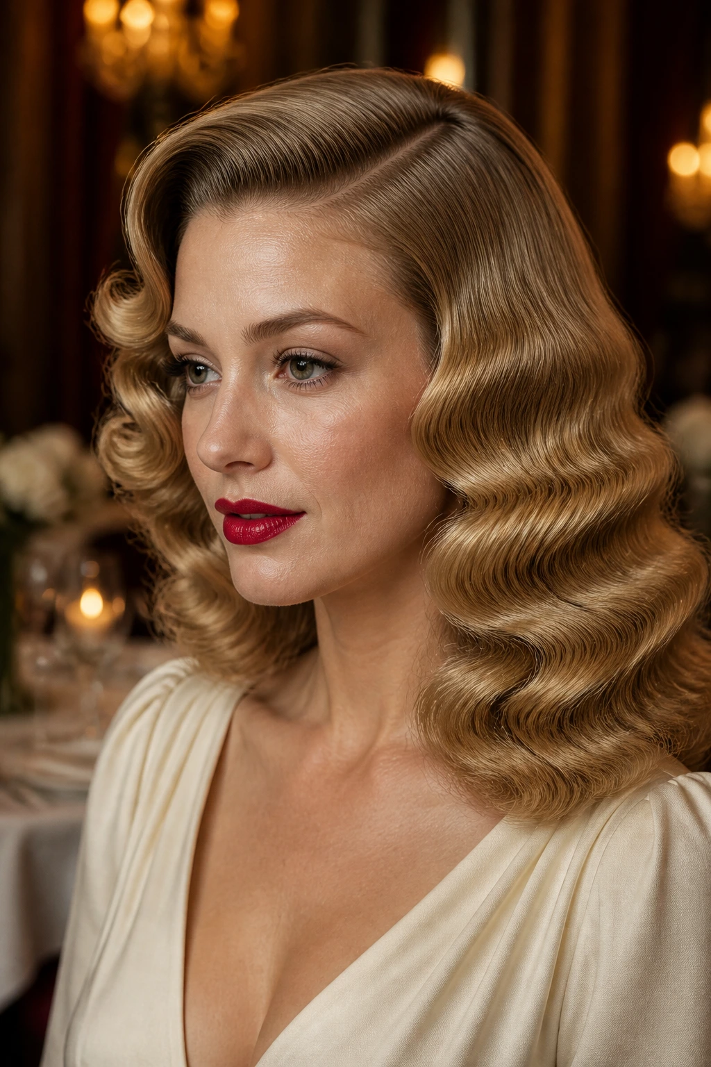 Real woman with brushed glam waves in a 1940s formal setting