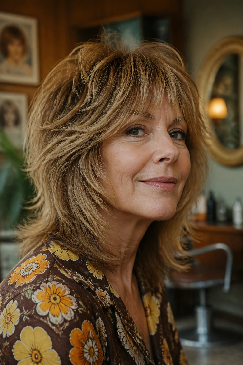 Portrait of a real woman with a 1970s shag showing high layers and soft face framing.