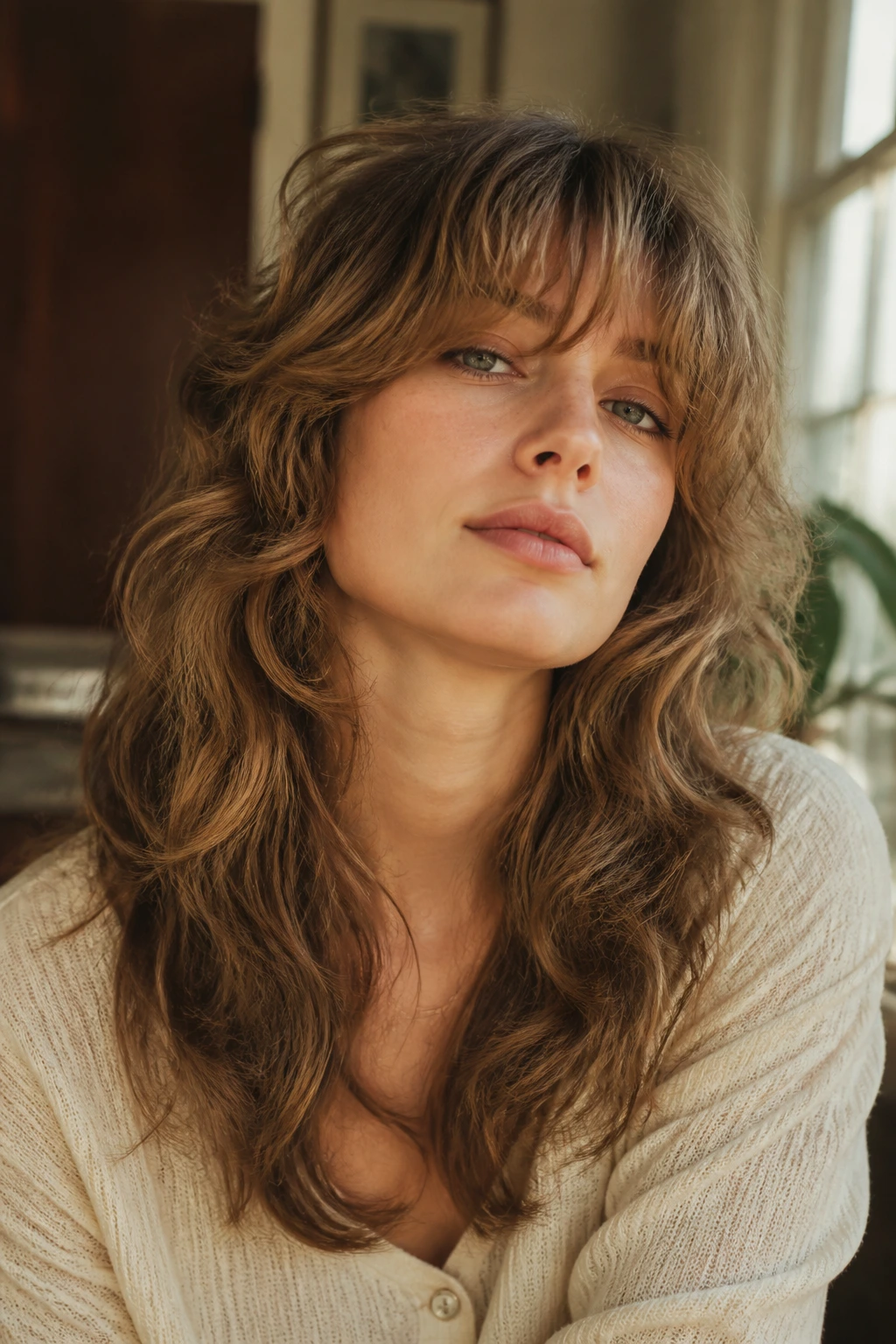 Portrait of a person with 1980s long shag in a cozy window-lit home setting.