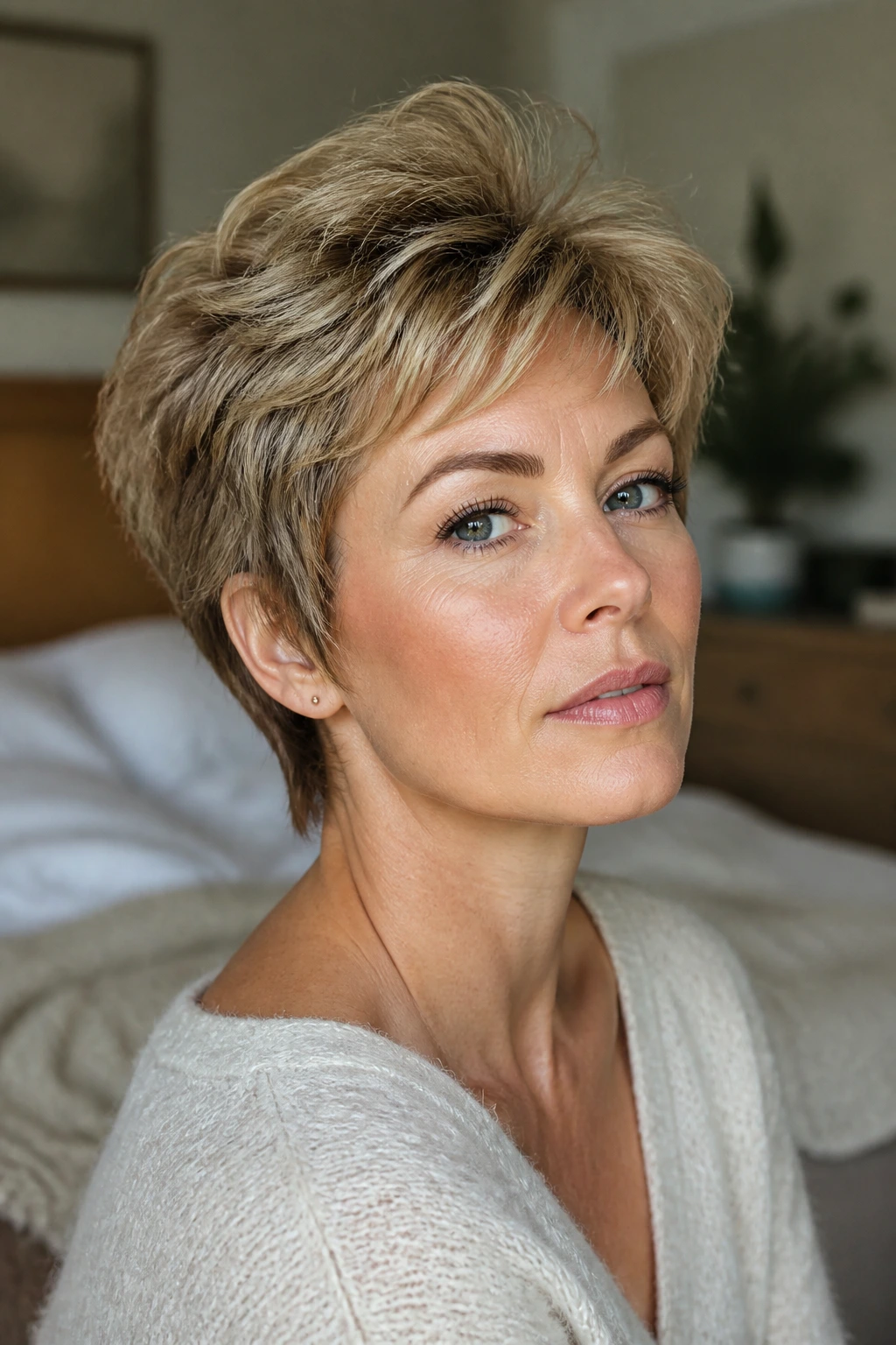 Close-up portrait of a real woman with a feathered pixie cut highlighting 1980s silhouette.