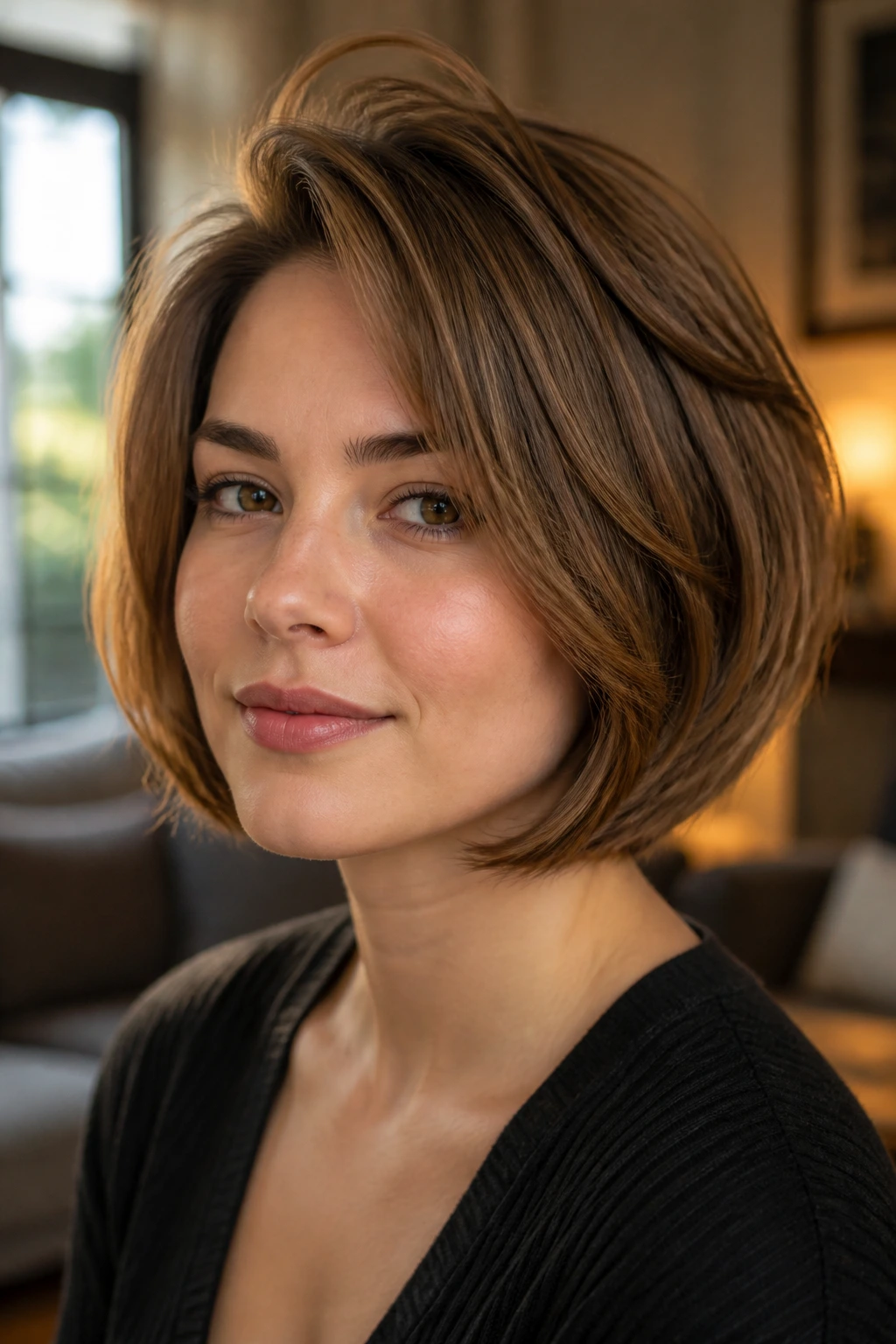 Close-up of a real woman with a 1990s bob that flatters a round face, crown lift and soft edges.