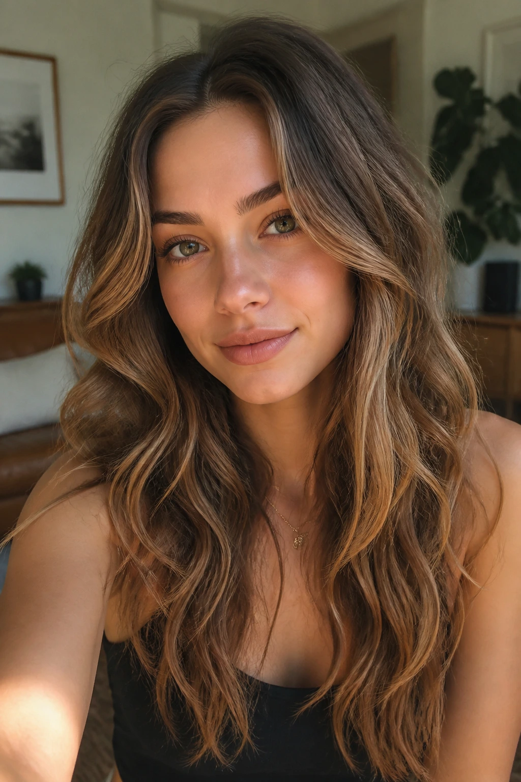 Portrait of a woman with long wavy hair reflecting 1990s styling