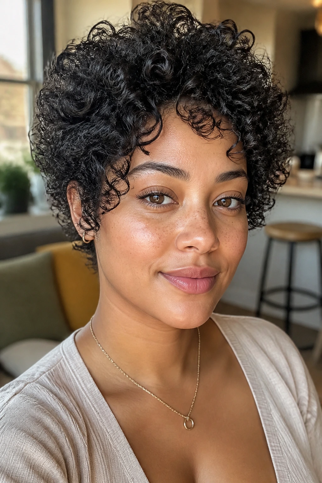 Close-up portrait of a real woman with 2C curls and a lifted crown on a round face.
