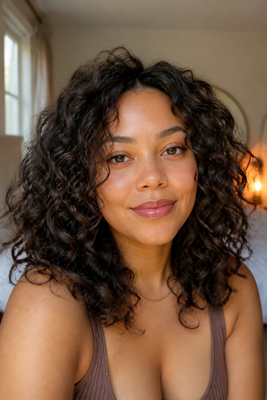 Close-up of a real woman with 2C curls in a soft-volume edit under warm window light