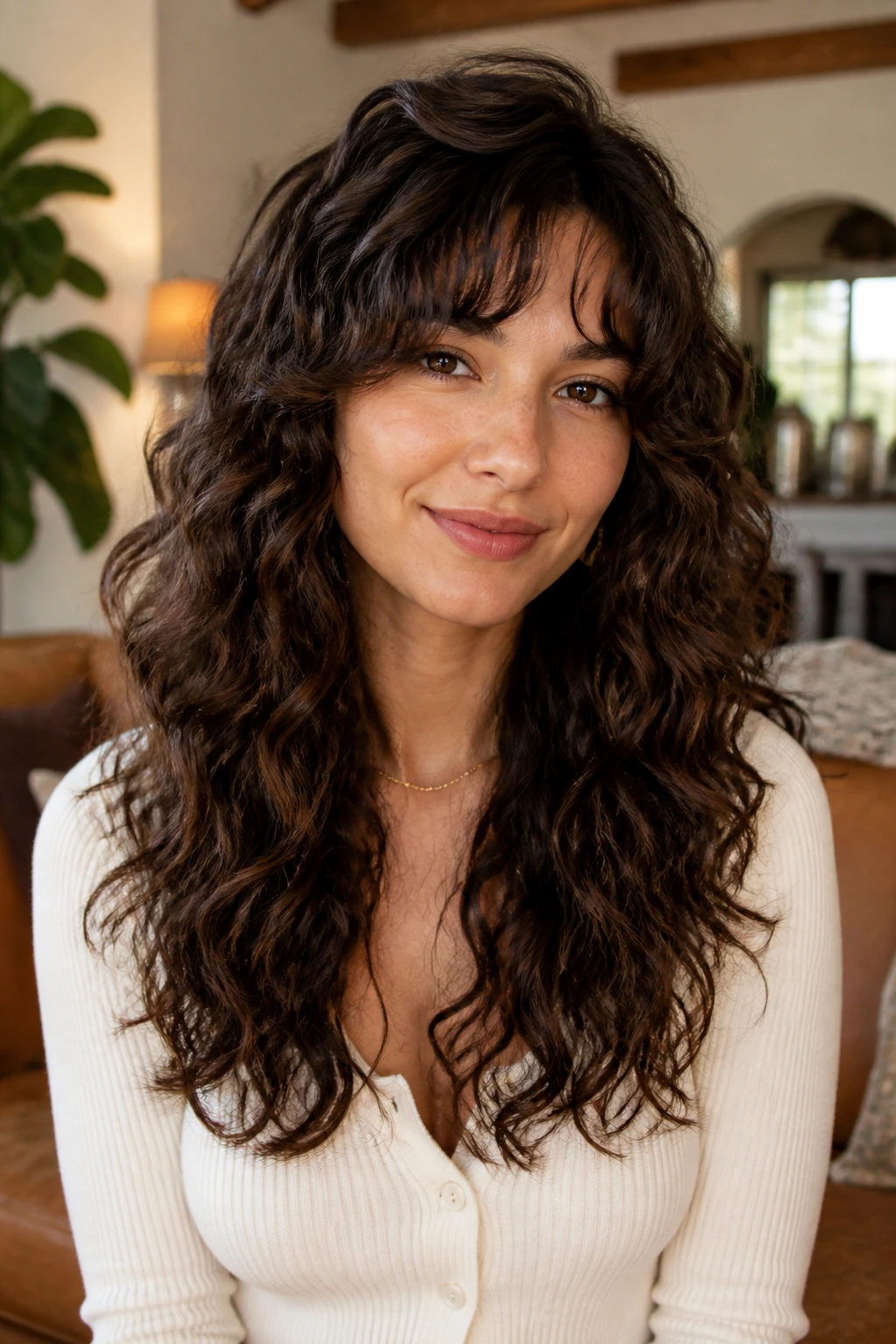 Medium close-up of a real woman with 2C wave-to-curl layered hair preventing triangle silhouette.