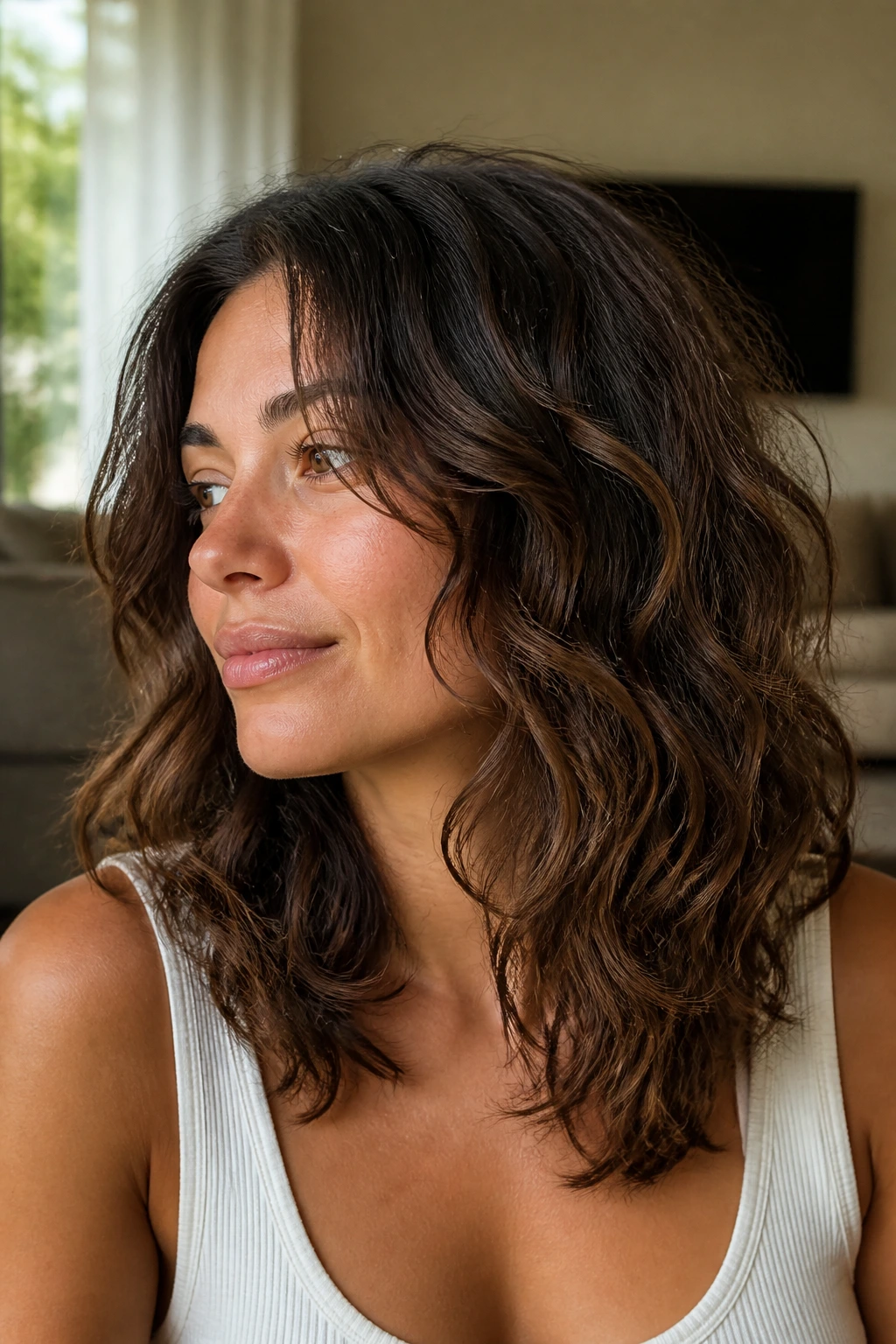 Close-up portrait of a real woman with long layered 2C waves in a sunlit living room