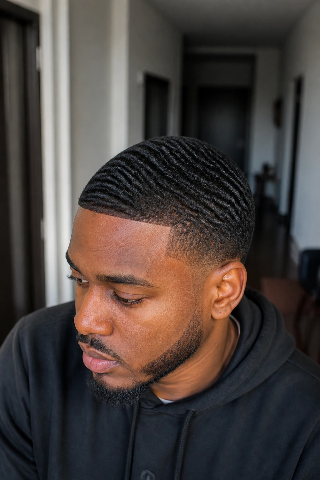 Close-up of a man with 360 waves and a low taper