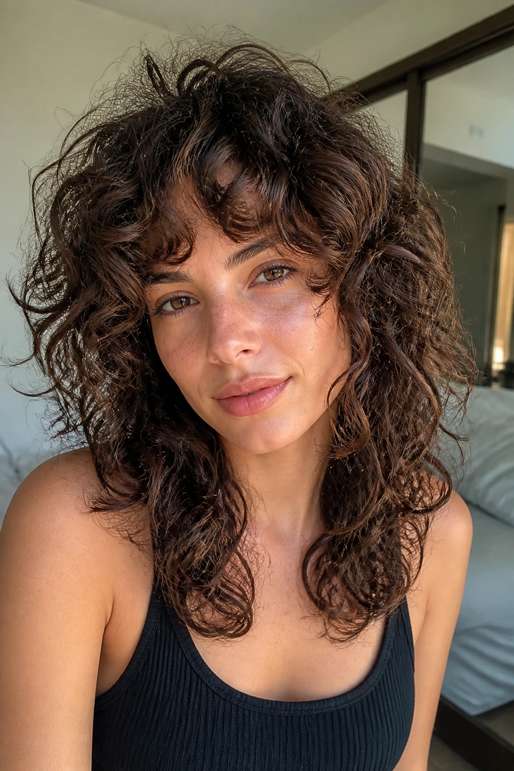 Close-up portrait of a real person with 3A–3B curls styled in a shag with crown lift