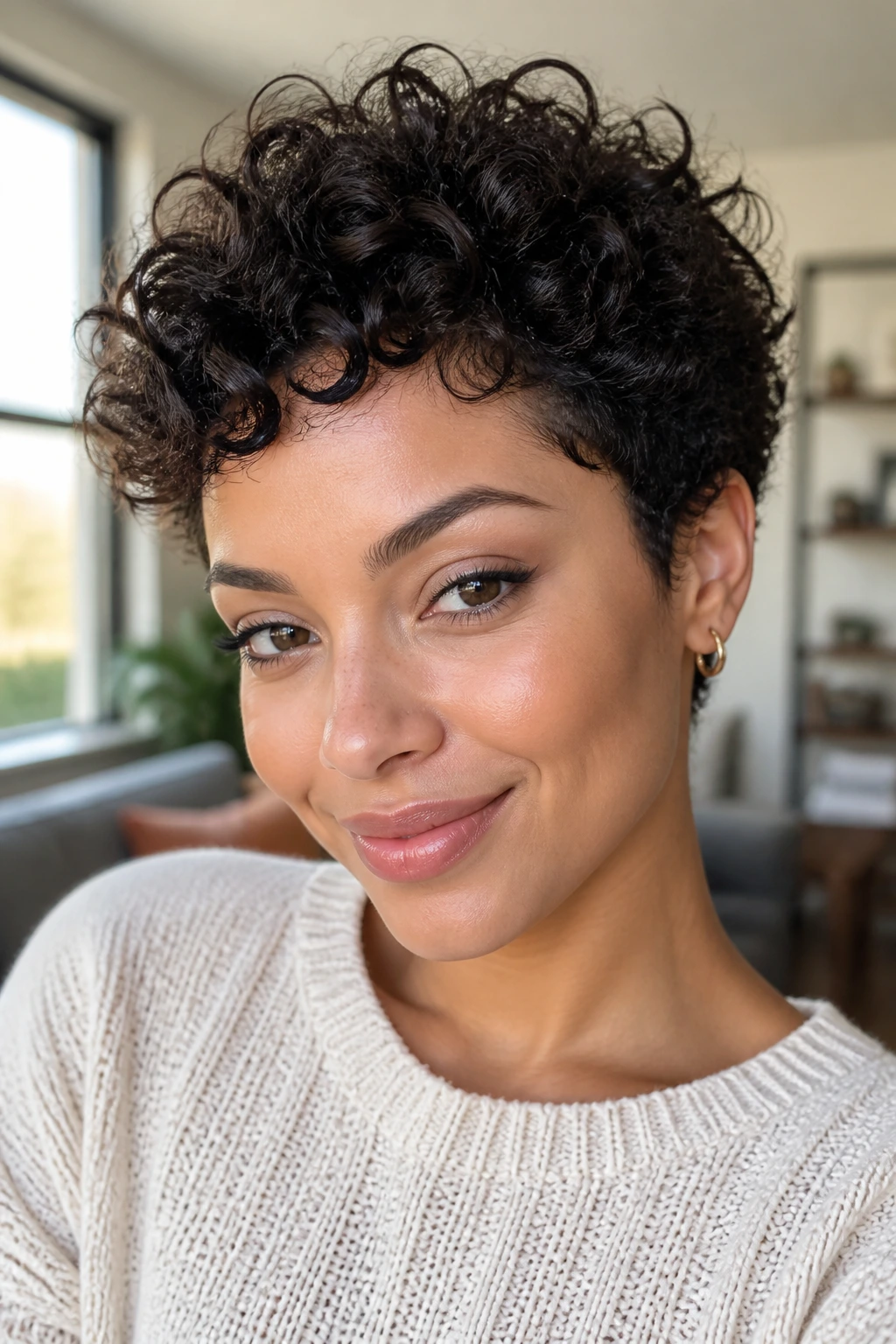 Close-up portrait of a real person with 3a curls styled in a balanced pixie-like cut.