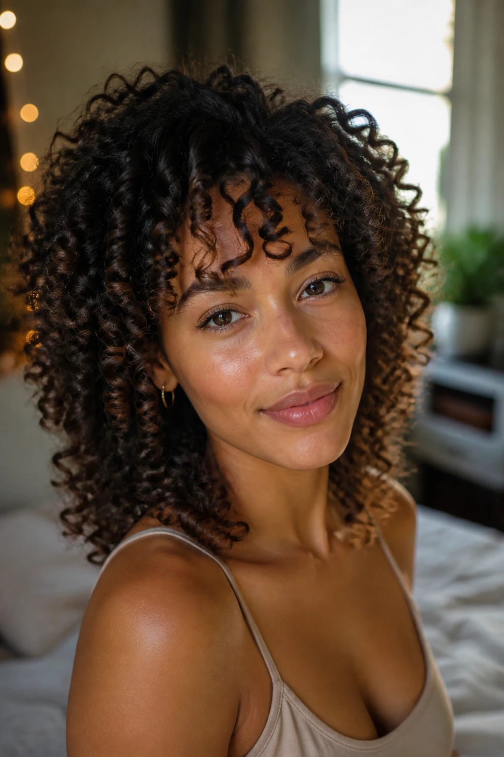 Close-up of a real person with 3a curls and natural bounce in warm light