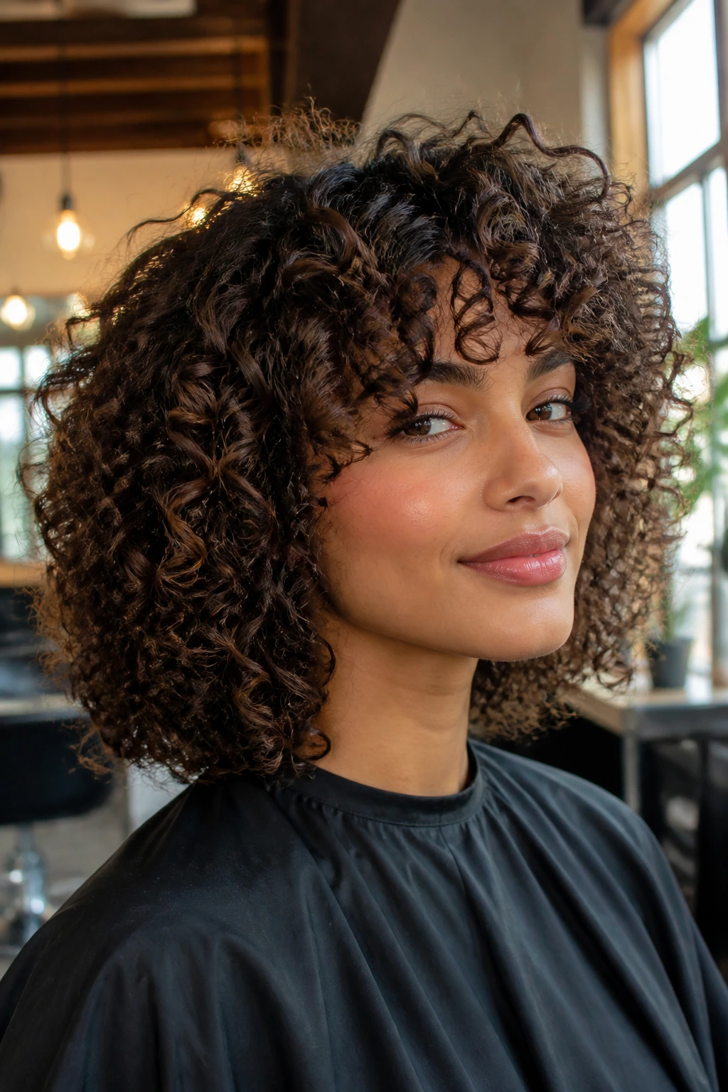 Close-up portrait of a real person with 3A curls showing a shrinkage-friendly cut with crown lift