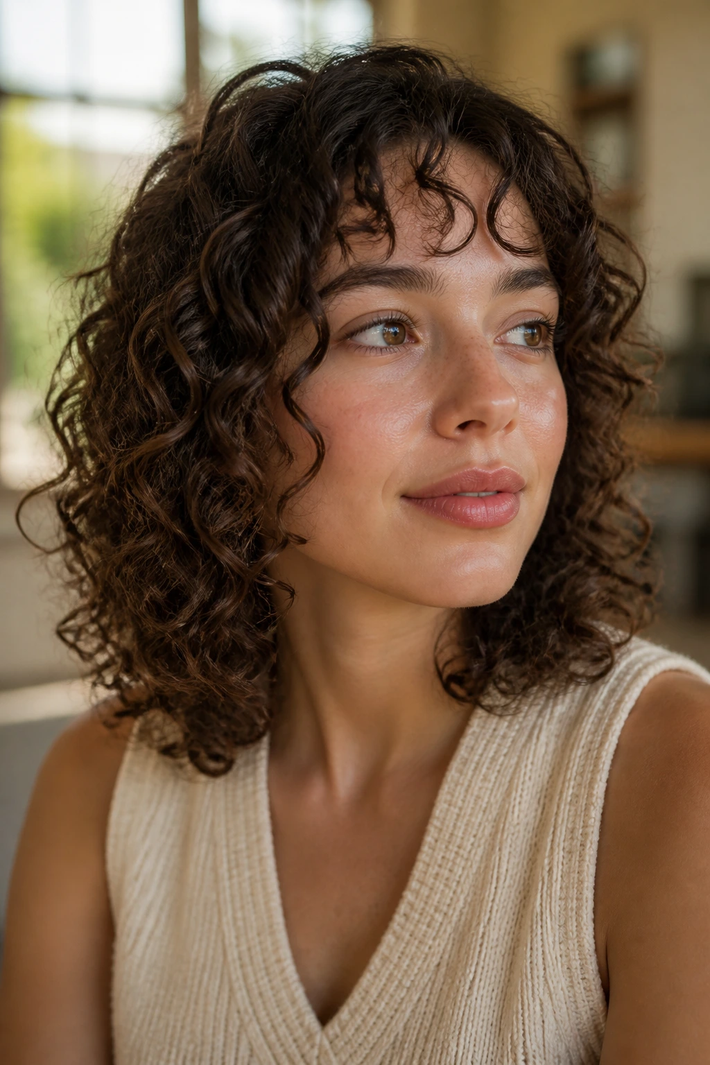 Close-up of a real woman with 3A curls showing blunt perimeter and longer layers for fine hair.