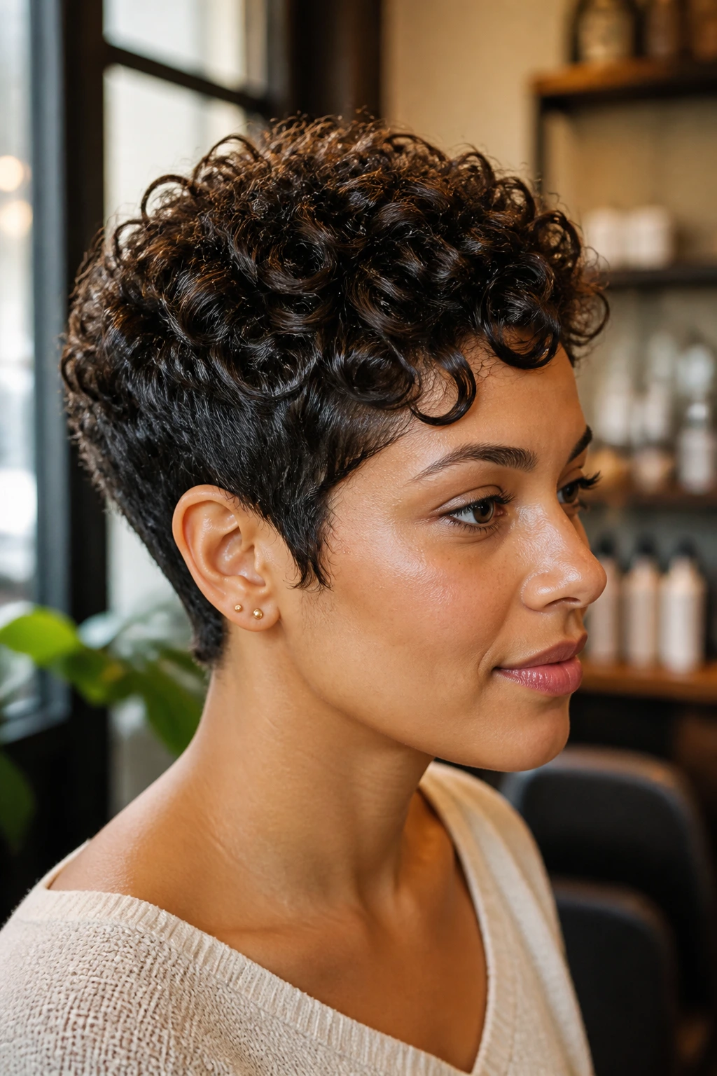 Real person with pixie cut on 3a curls showing weight and shrinkage.