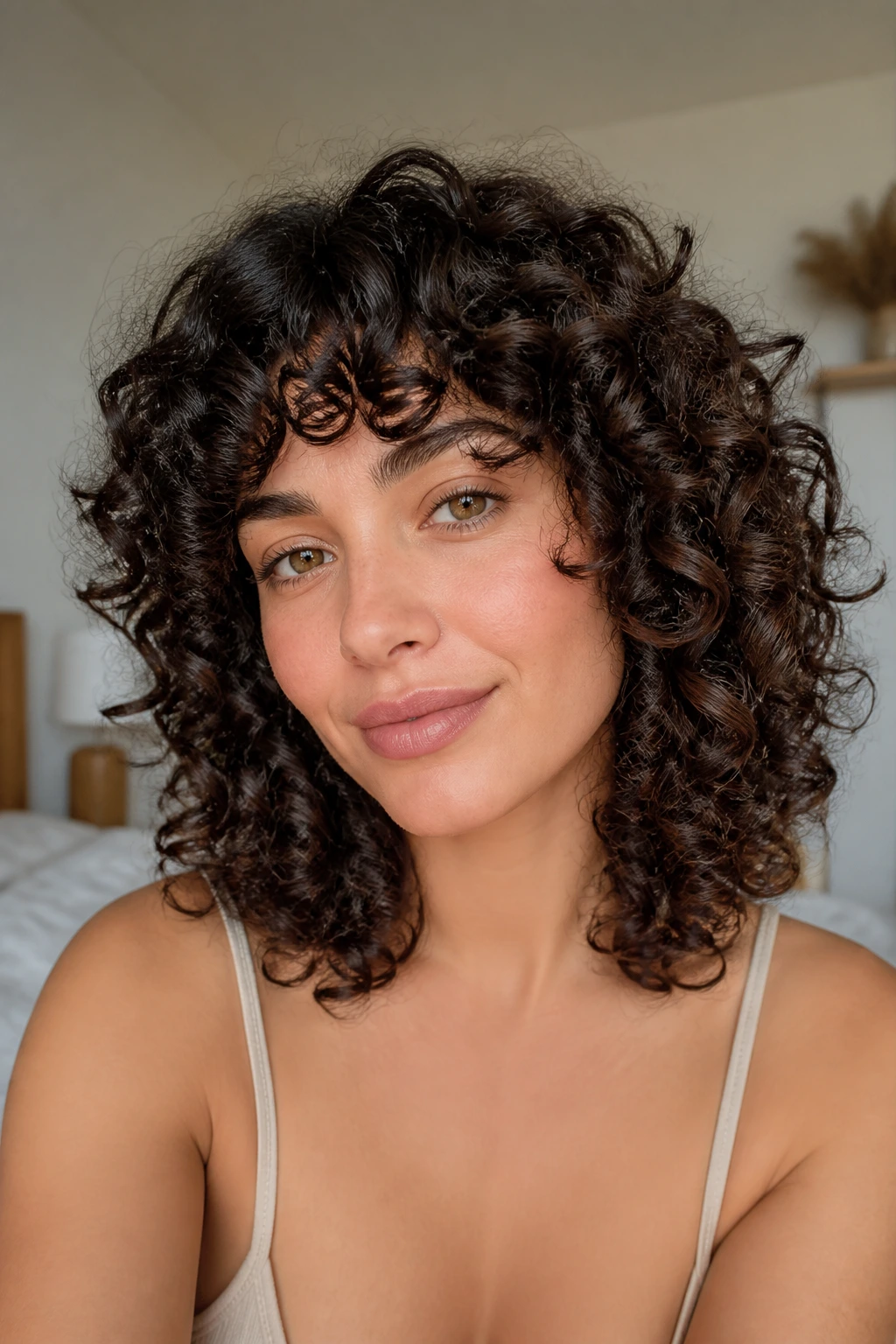Close-up portrait of a real woman with 3A ringlet curls at shoulder length