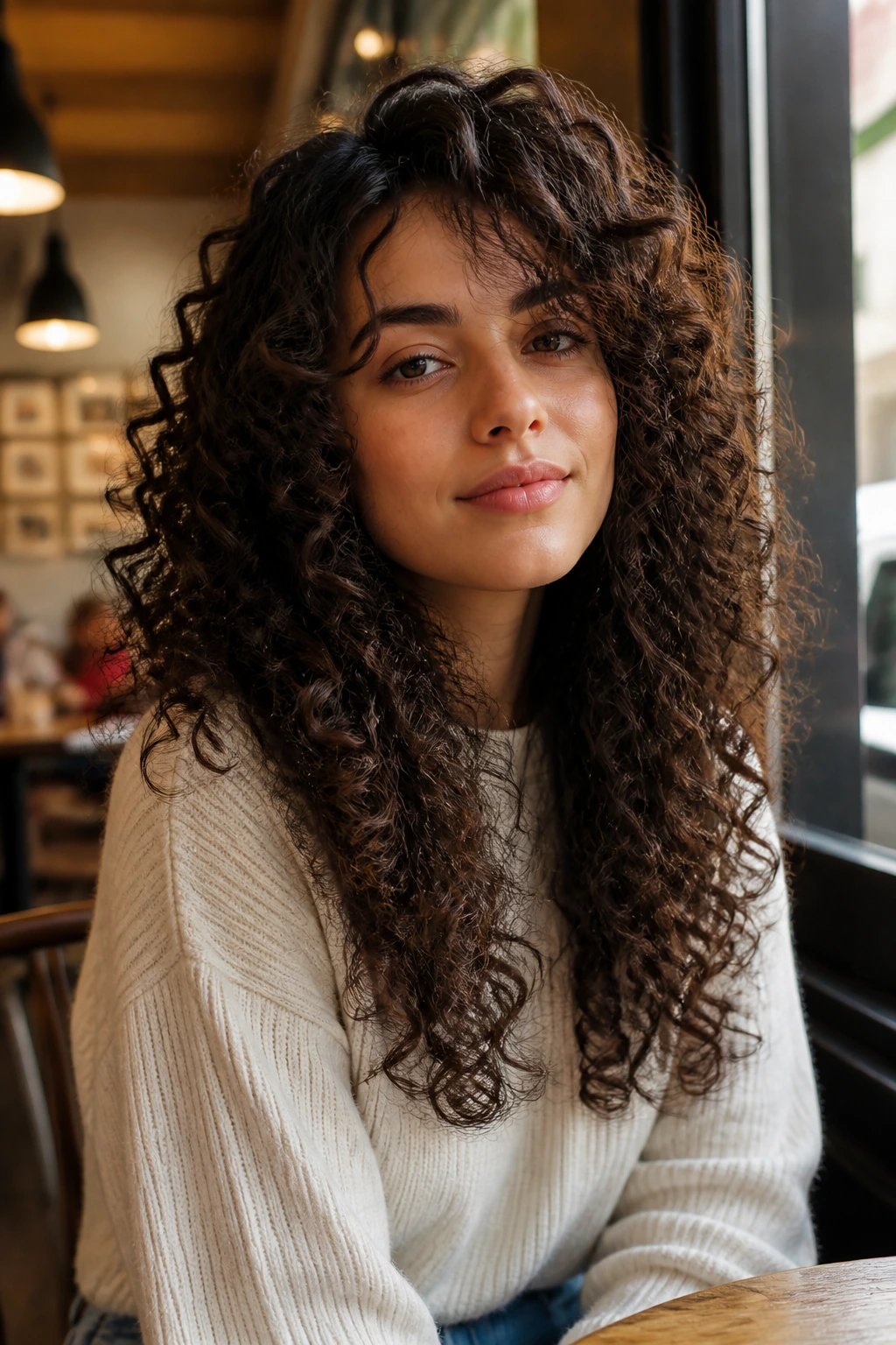 Close-up portrait of a real woman with 3A ringlets and soft face framing in a cafe window seat
