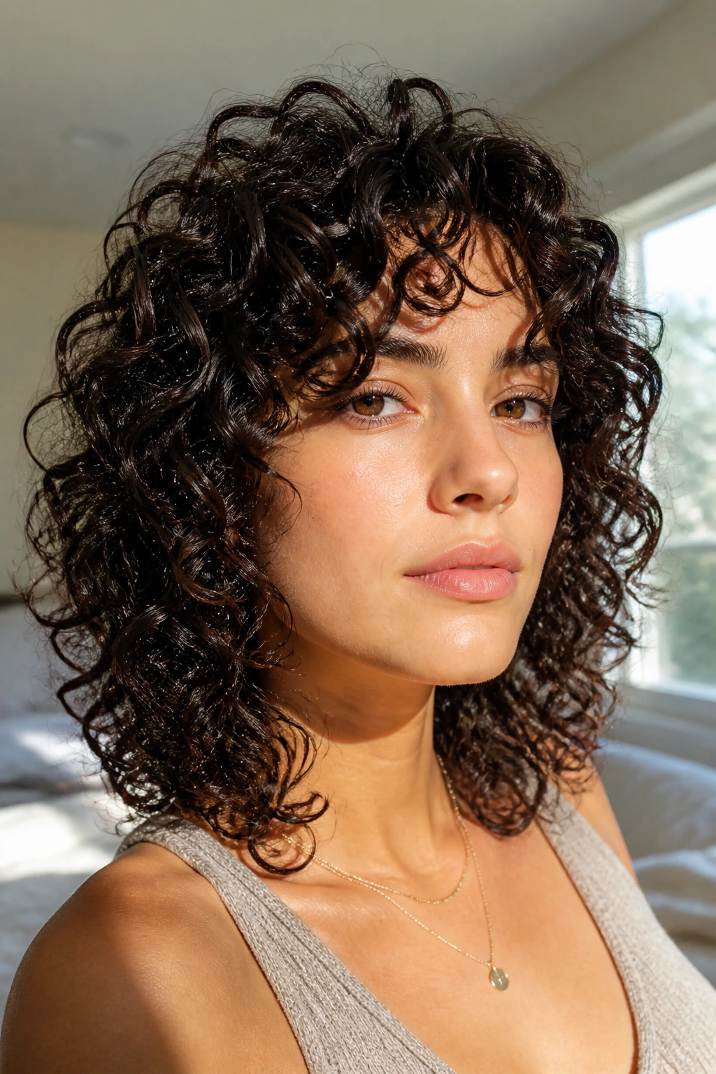 Close-up portrait of a real person with 3B corkscrew shag curls in a sunlit bedroom