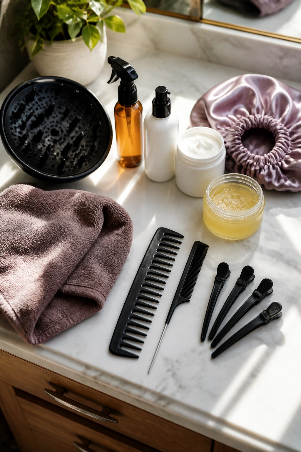 Top-down shot of essential 3b curl styling tools and products on a vanity