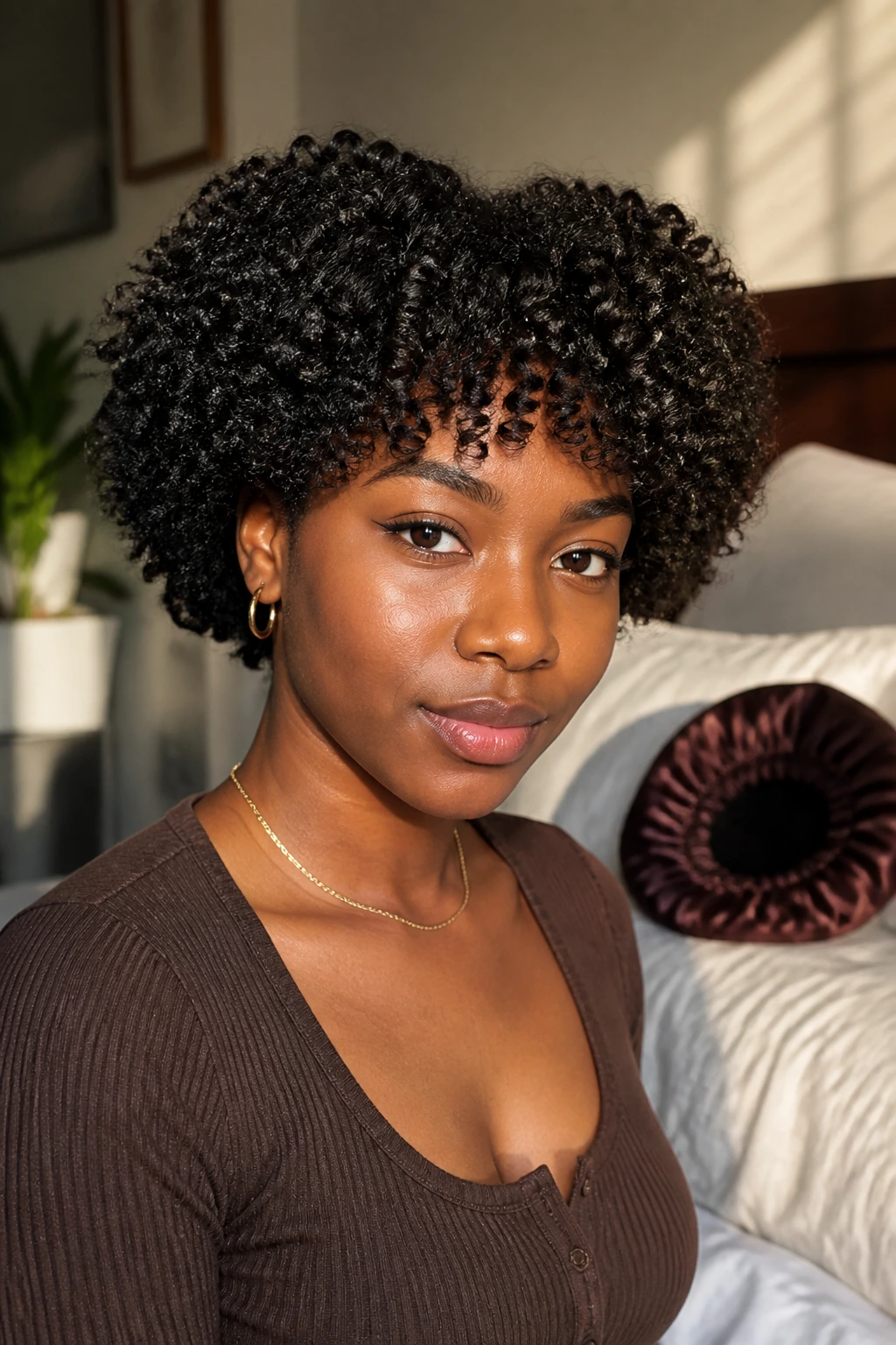 Close-up of a Black woman with 3B curls showing a clean shape between wash days
