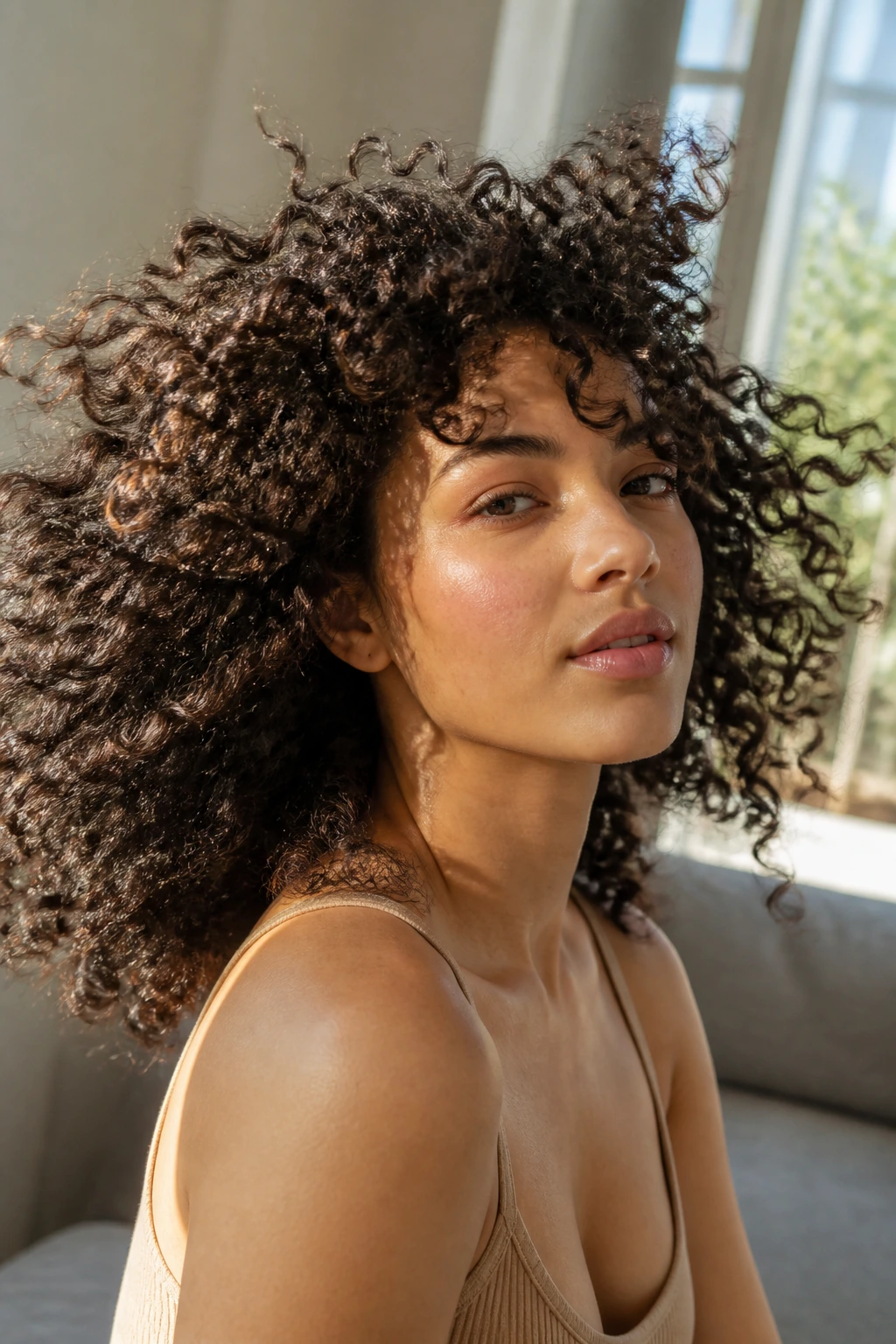 Close-up of a real woman's 3b curls in motion with warm window light
