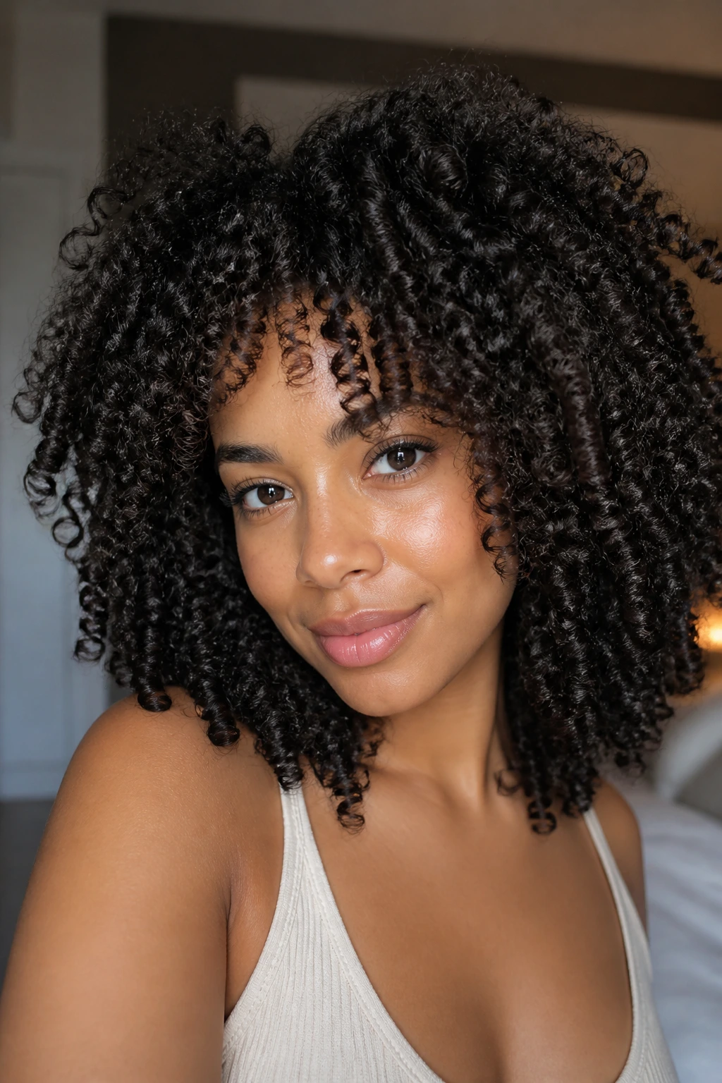 Close-up of a real person with 3b curls showing lifted crown and defined clumps in natural light