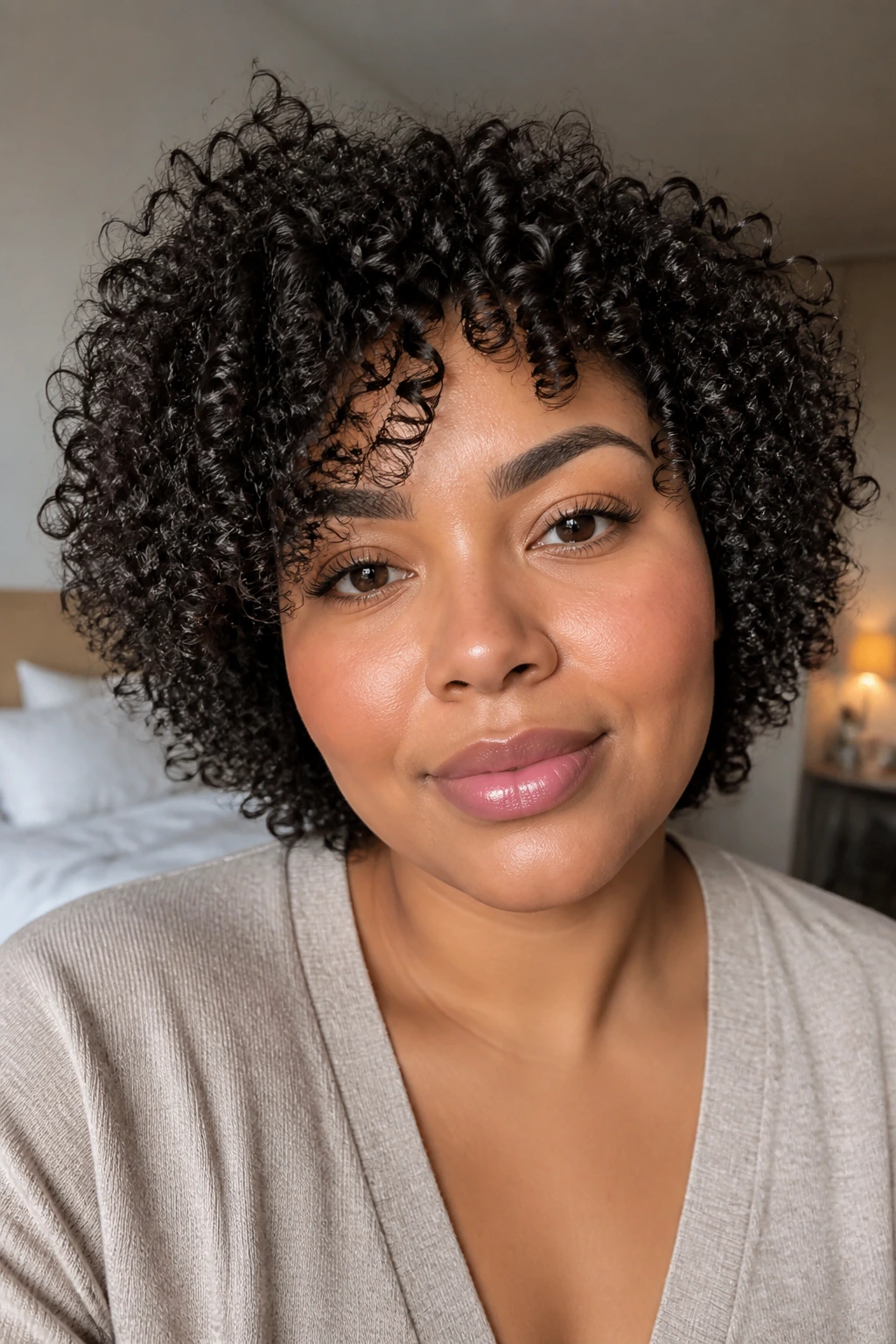 Close-up of a real person with 3B curls framing a round face in natural light.