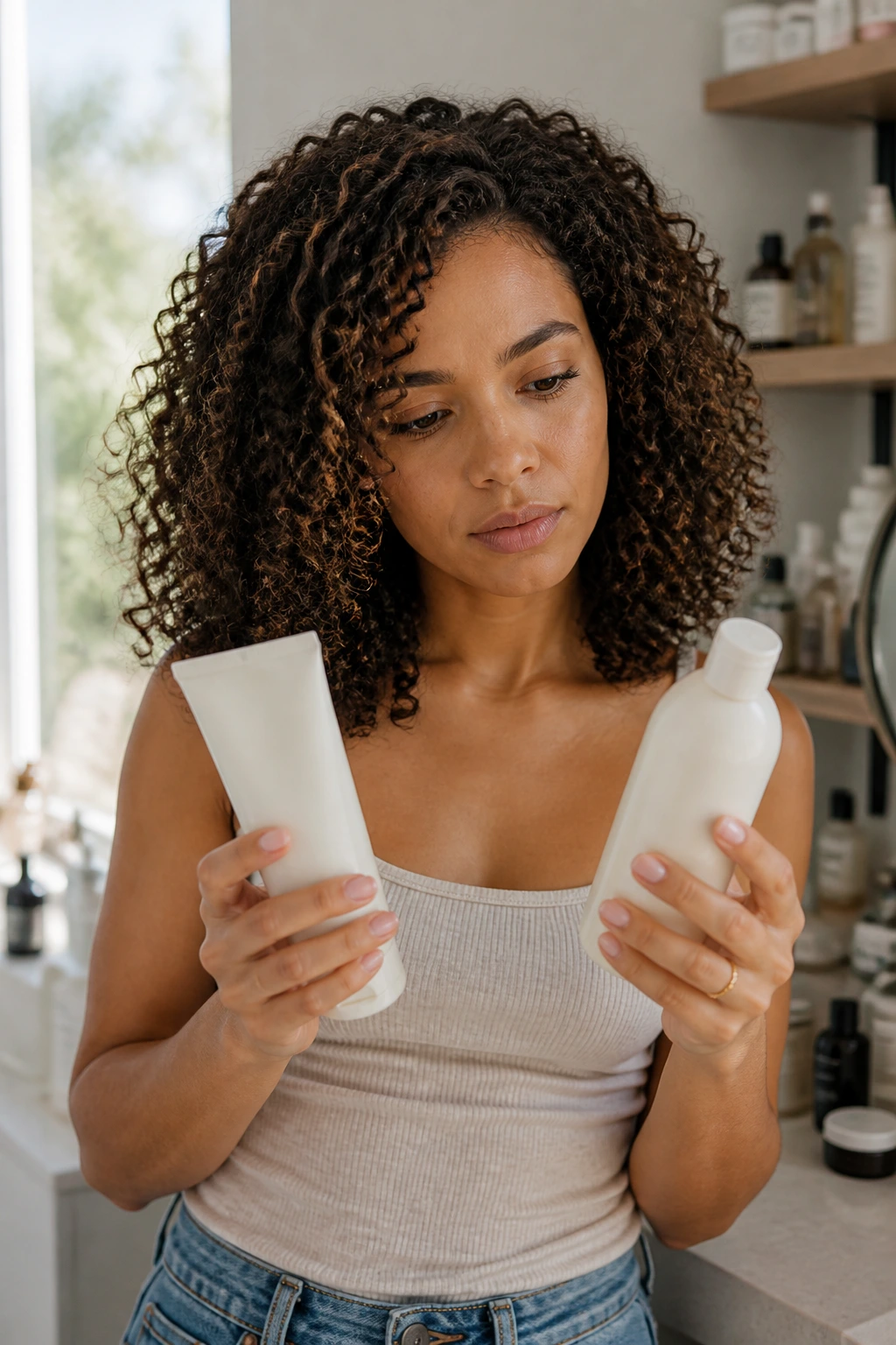Portrait of a person evaluating hair products for 3b curls in a bright setting