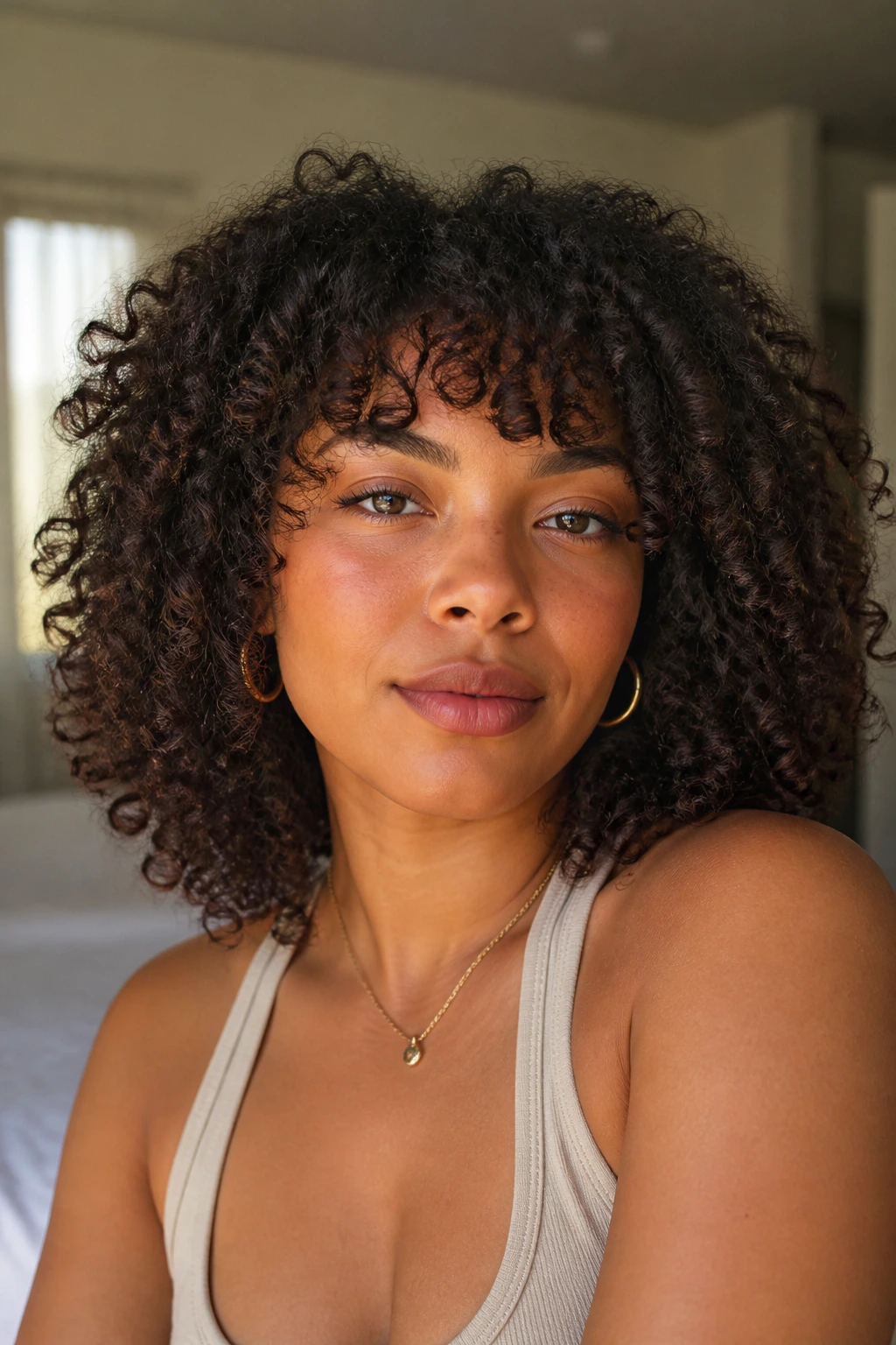 Close-up portrait of a real person with shoulder-length 3b curls showing balanced shape