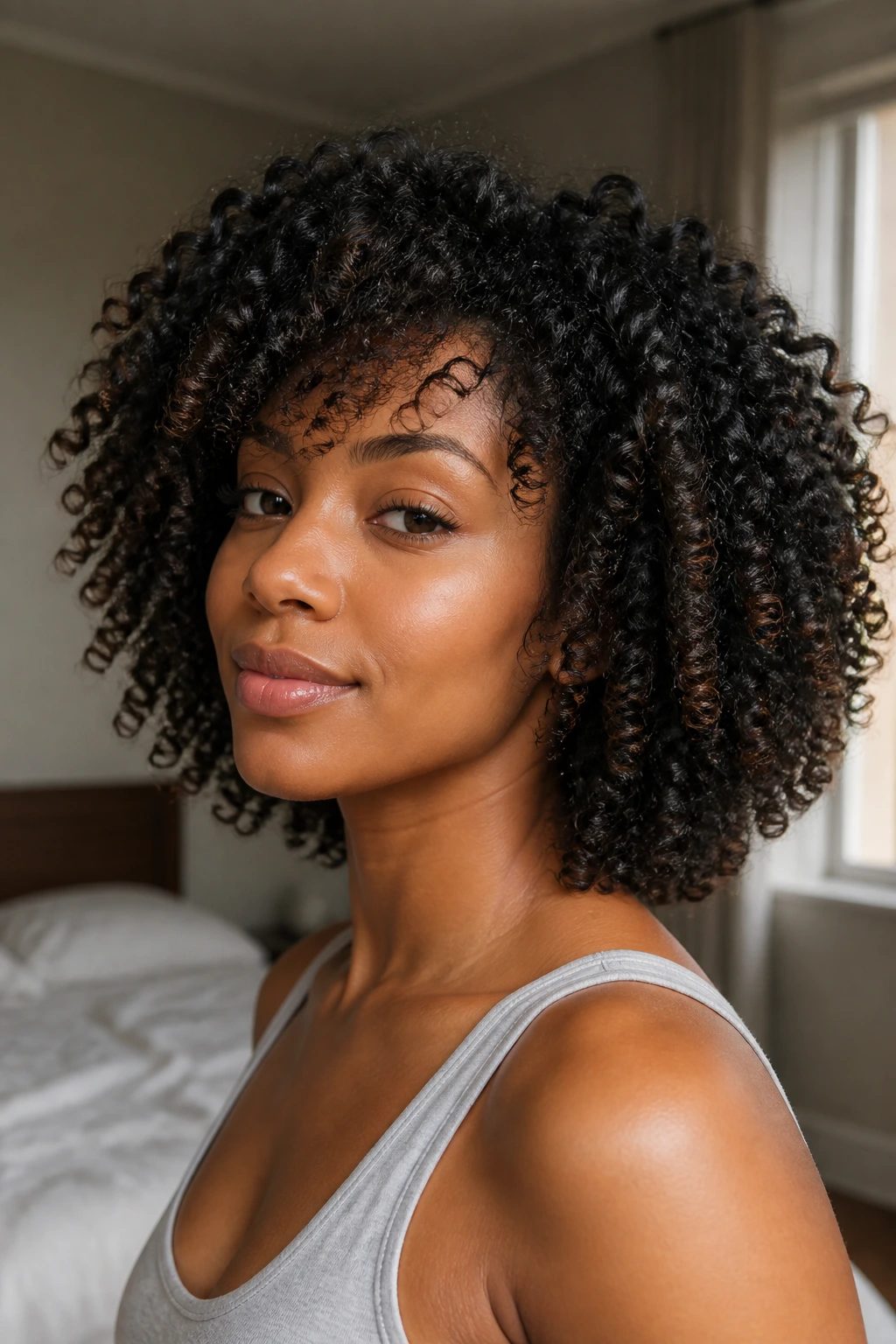 Close-up of a real person's 3B curls showing sculpted shape and silhouette