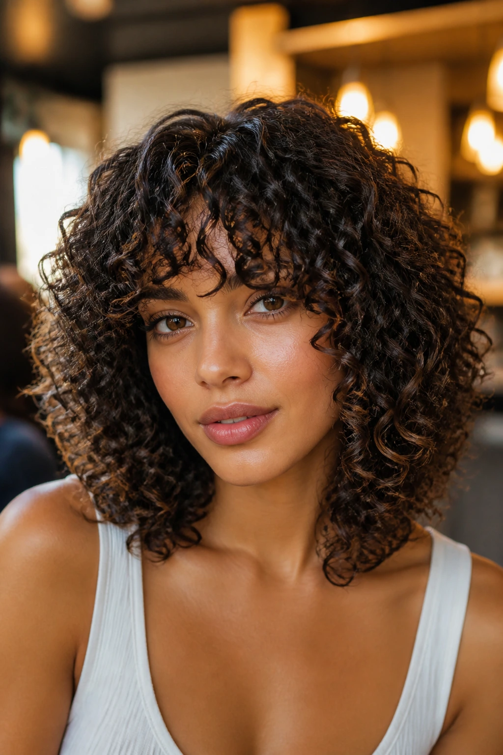 Portrait of a real person with curly lob and curtain bangs showing 3b curl variations