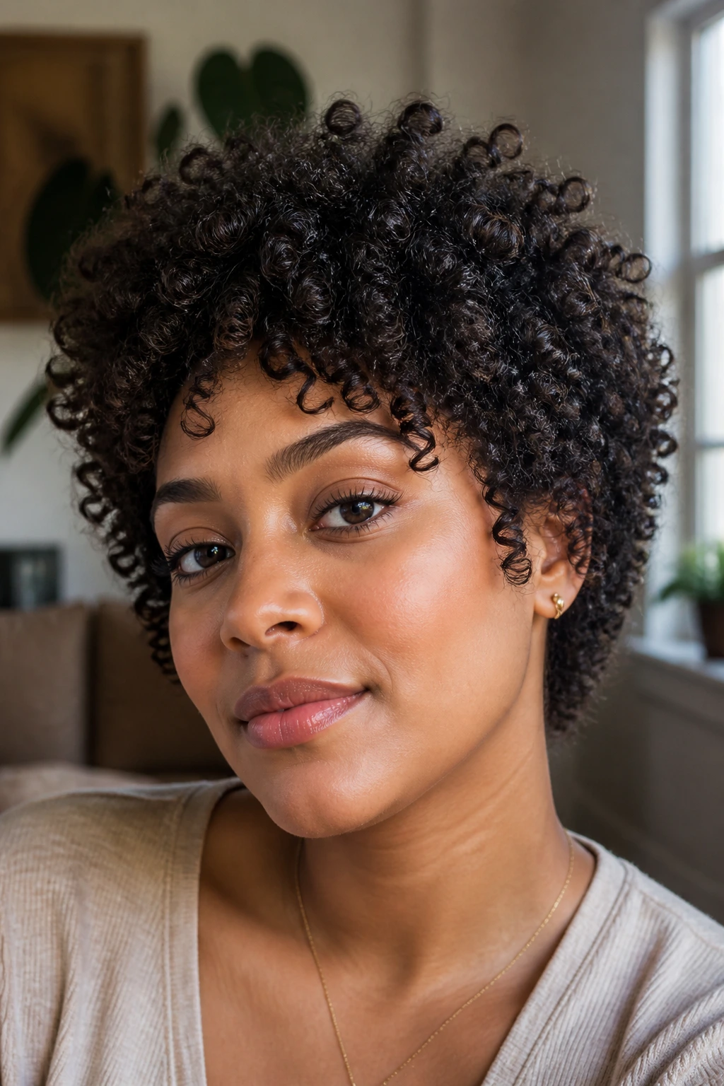 Close-up of a real woman with 3B curls showing layered crown and longer perimeter in warm living room light