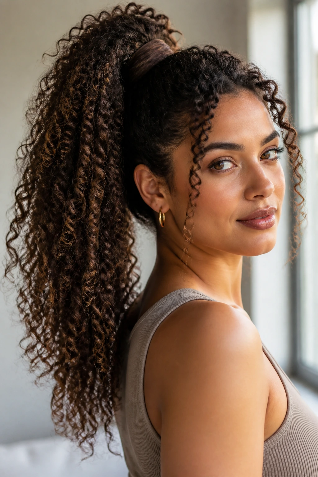 Long 3b curls styled in wrapped ponytail