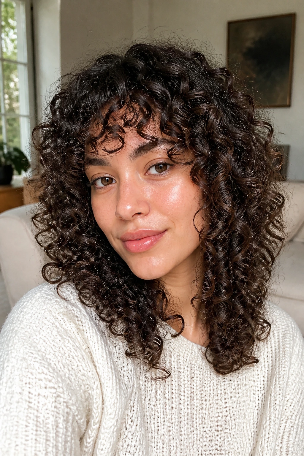 Close-up of a real person with 3B corkscrew ringlets and layered shag