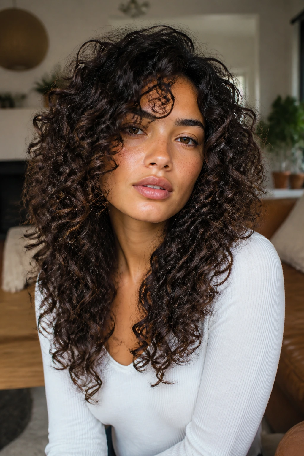 Close-up portrait of a real woman with 3B spring curls and long layers in a cozy room