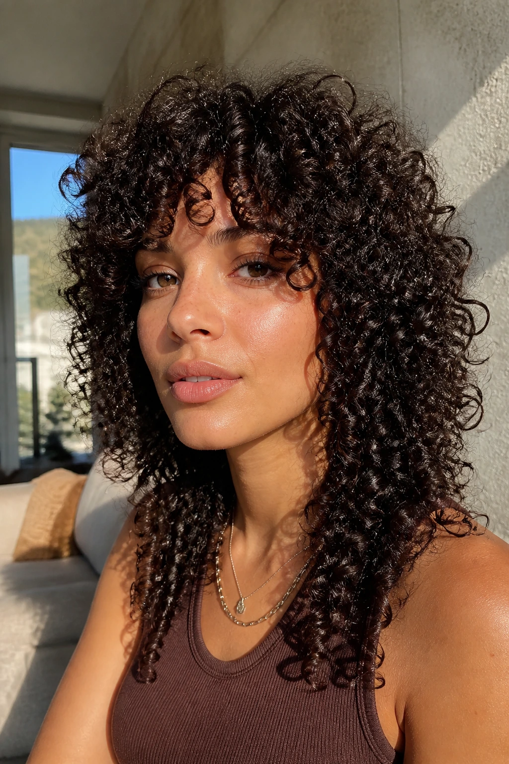 Close-up portrait of a real person with 3C–4A curls in a shag with face-framing front pieces