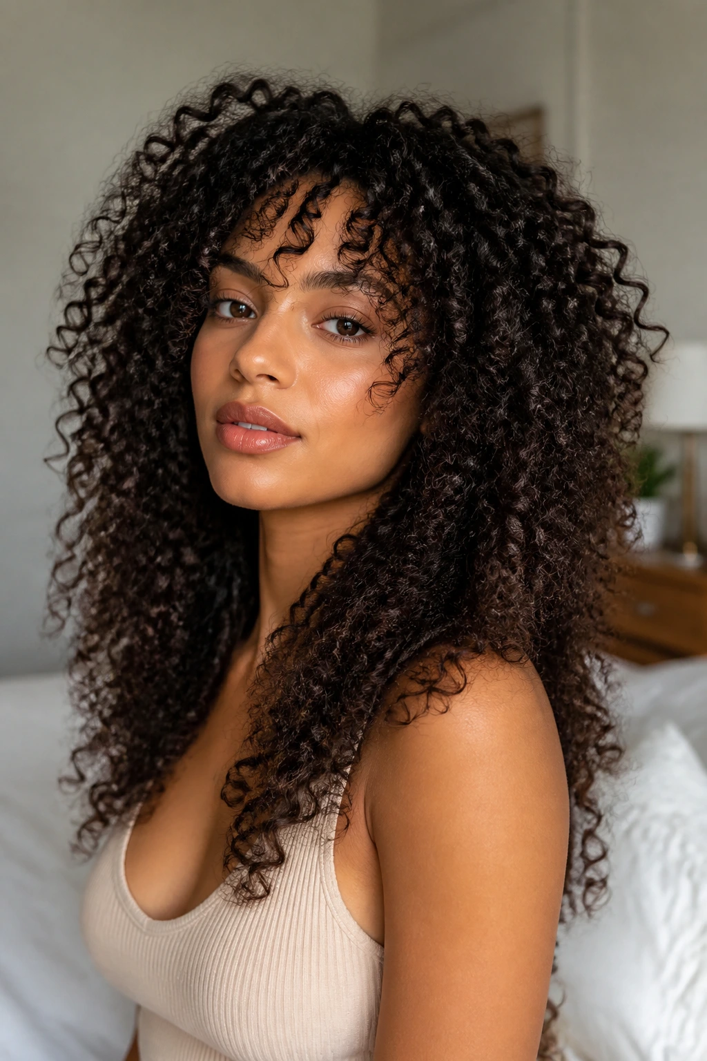 Close-up portrait of a real woman with 3C curls and a long perimeter in a softly lit bedroom