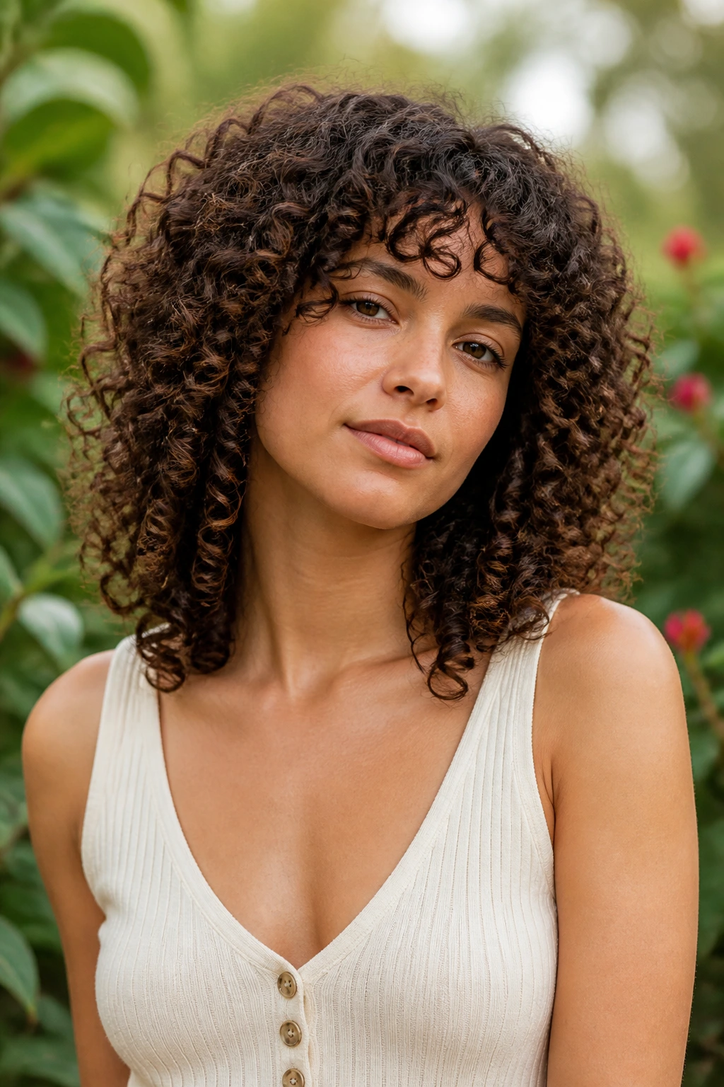 Close-up portrait of a real person with 3C plush shag curls in a garden