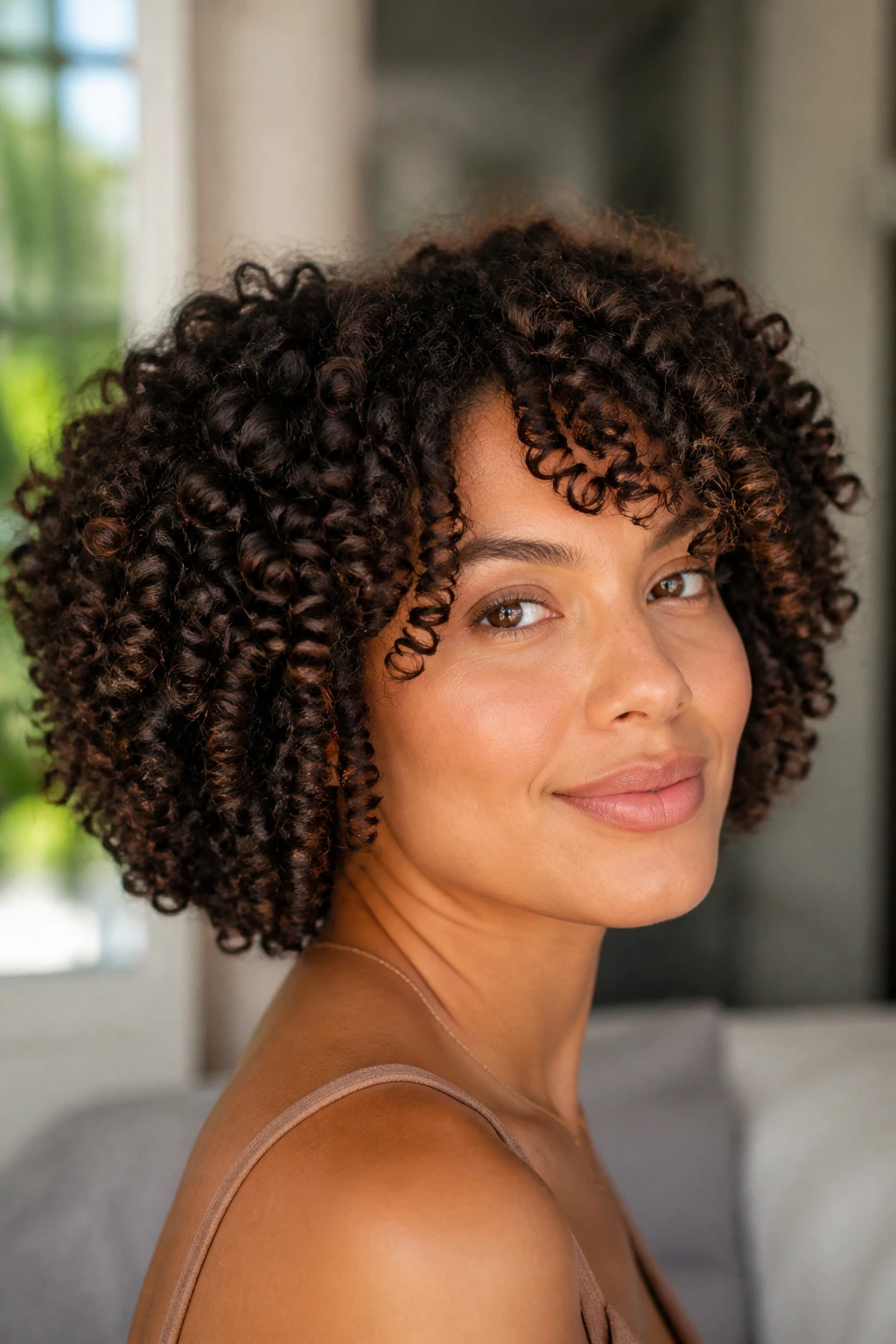 Close-up of a real woman with 3C ringlets and curly stack