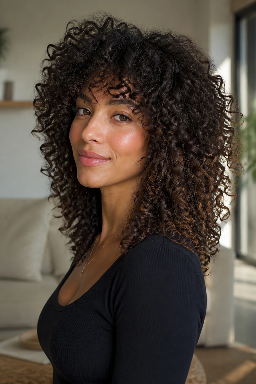 Three-quarter portrait of a real woman with 3C spiral curl layers stacking coils upward.