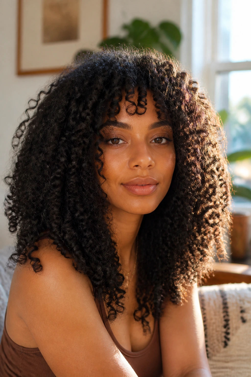 Close-up portrait of a real woman with 4A coils forming a soft dome