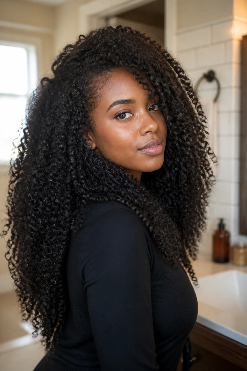Close-up portrait of a real woman with dense 4B/4C curls and conservative layering
