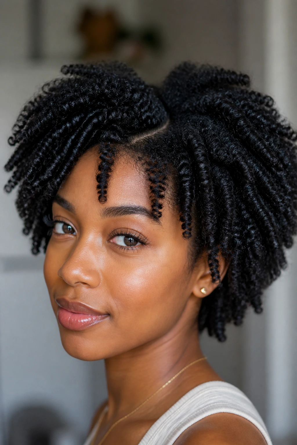 Close-up of springy twist-out with fluffed roots on a real person