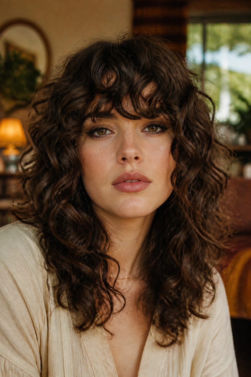 Close-up of a real woman with a bold full fringe on curly hair in a retro living room
