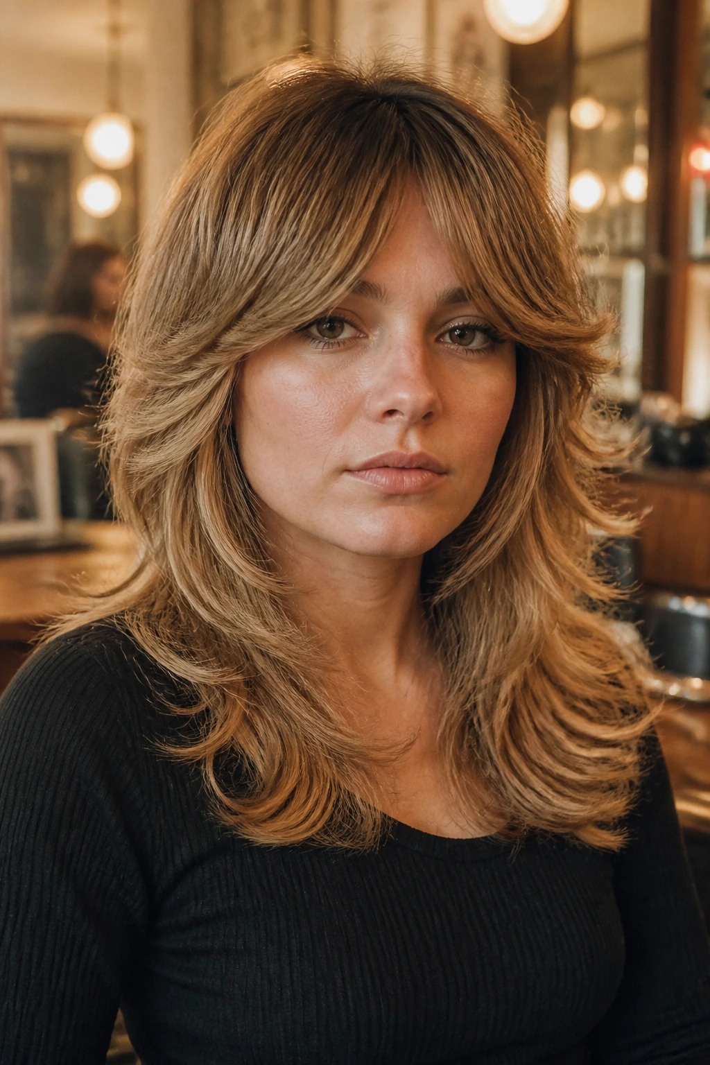Portrait of a woman with classic 70s feathered shag