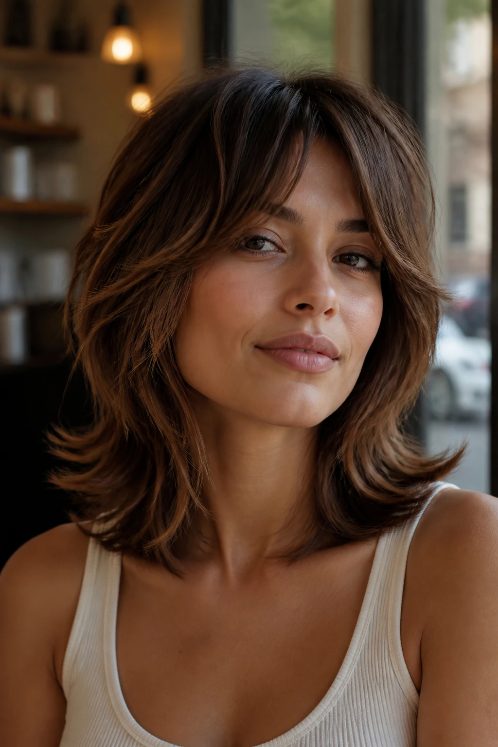 Portrait of a woman with a 70s flick-out shag, ends flicked outward and mid-length layering, natural light.