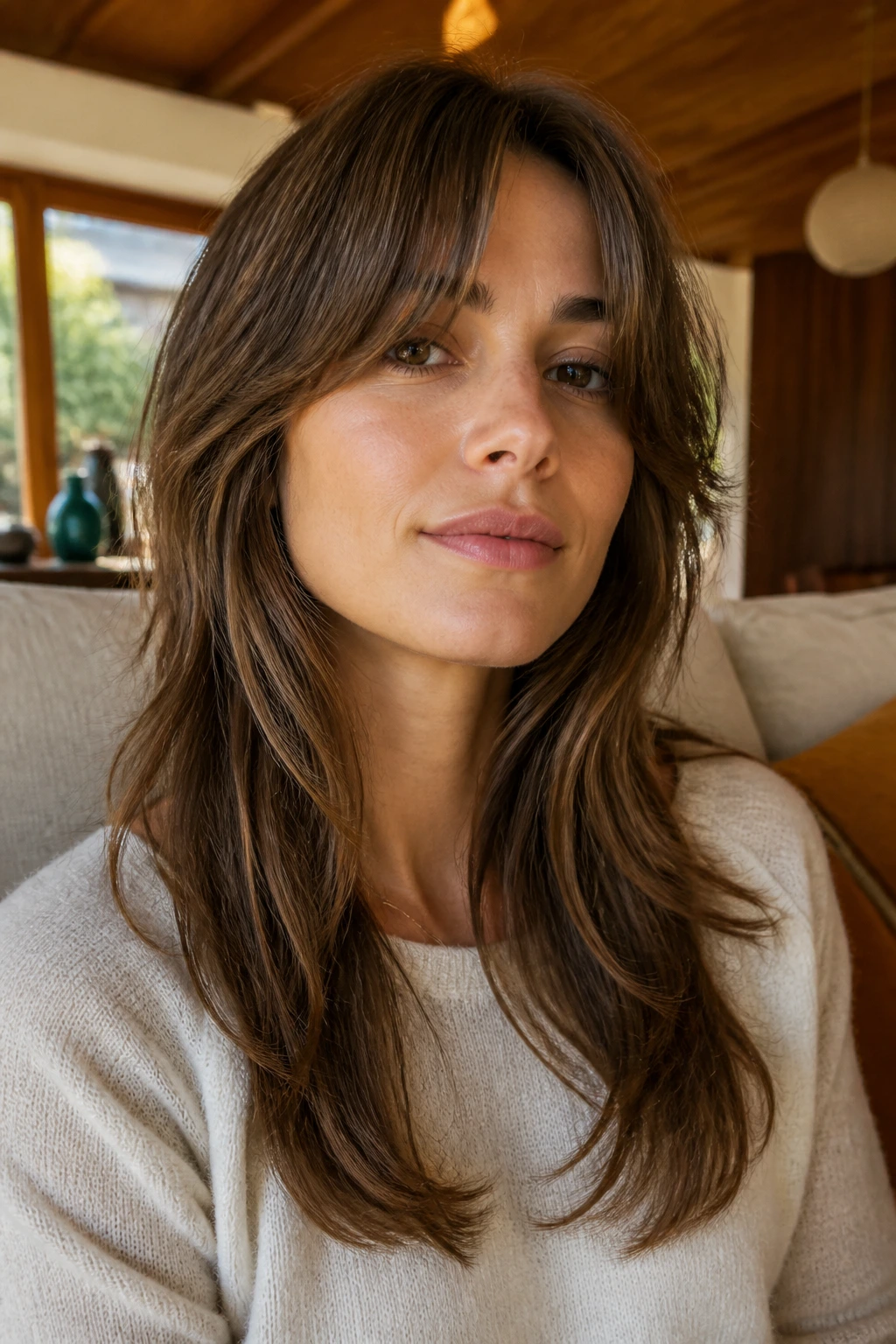 Close-up portrait of a real person with a 70s Minimal Shag hairstyle and soft curtain fringe