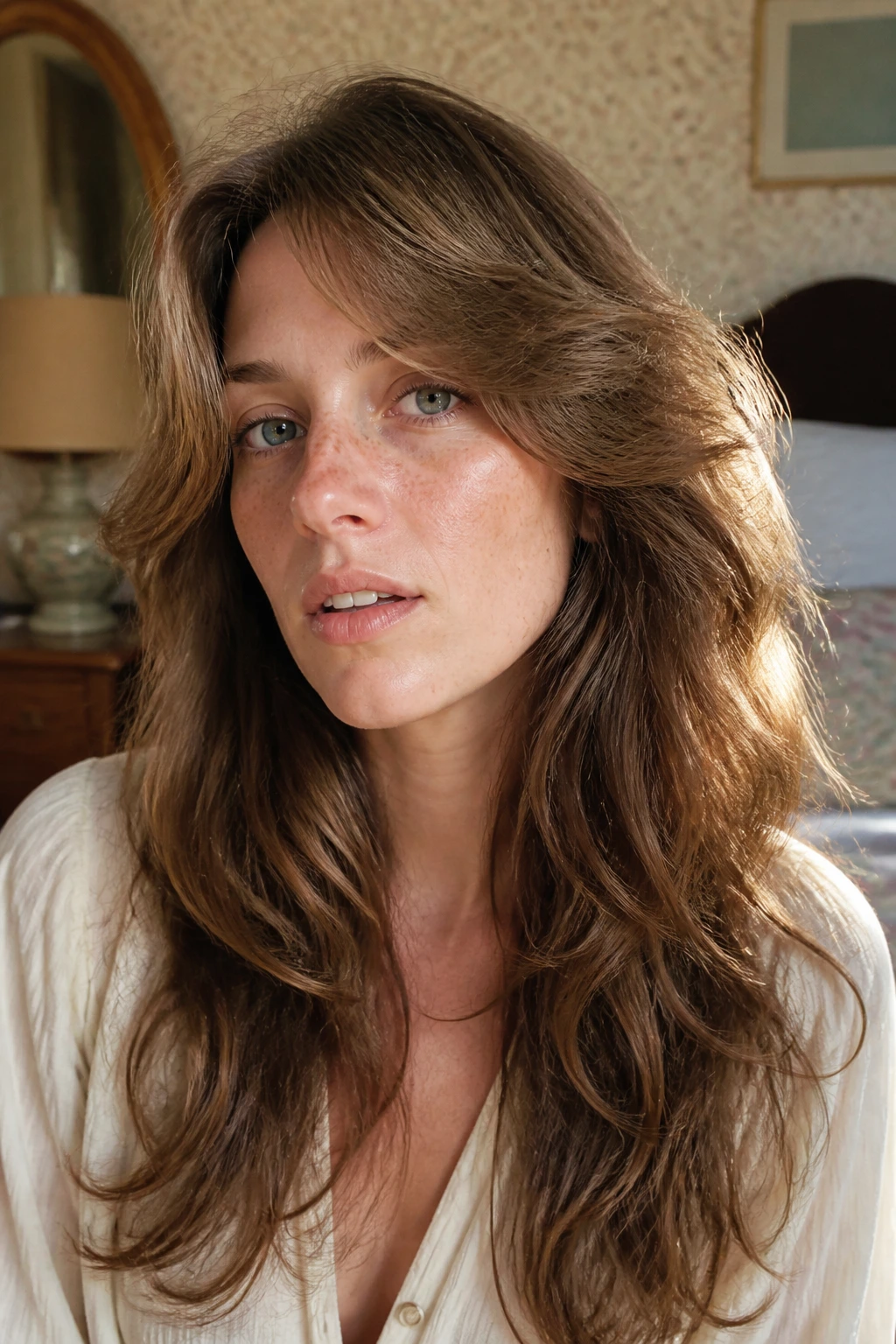 Close-up portrait of a woman with a 70s-inspired wavy shape in a vintage bedroom