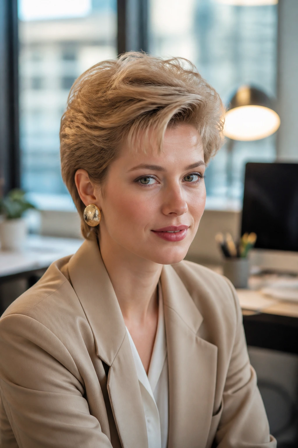 Portrait of a real person with a soft office-friendly 1980s short hairstyle.