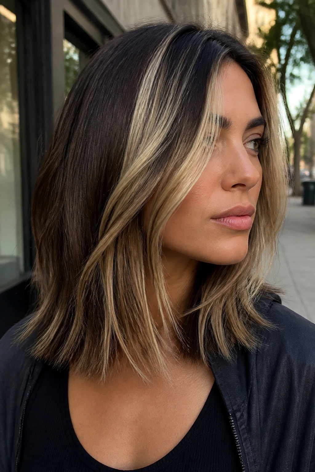 Portrait of a real woman with modern chunky highlights on medium-length hair