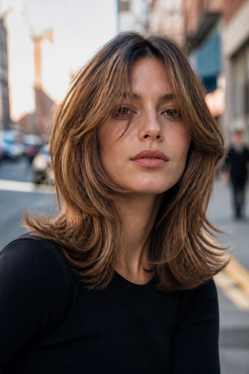 Real person with 90s flipped-out layered hair