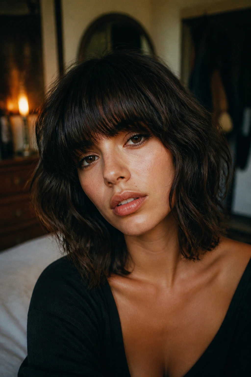 Close-up portrait of a woman with a heavy-fringe shag bob on wavy hair.